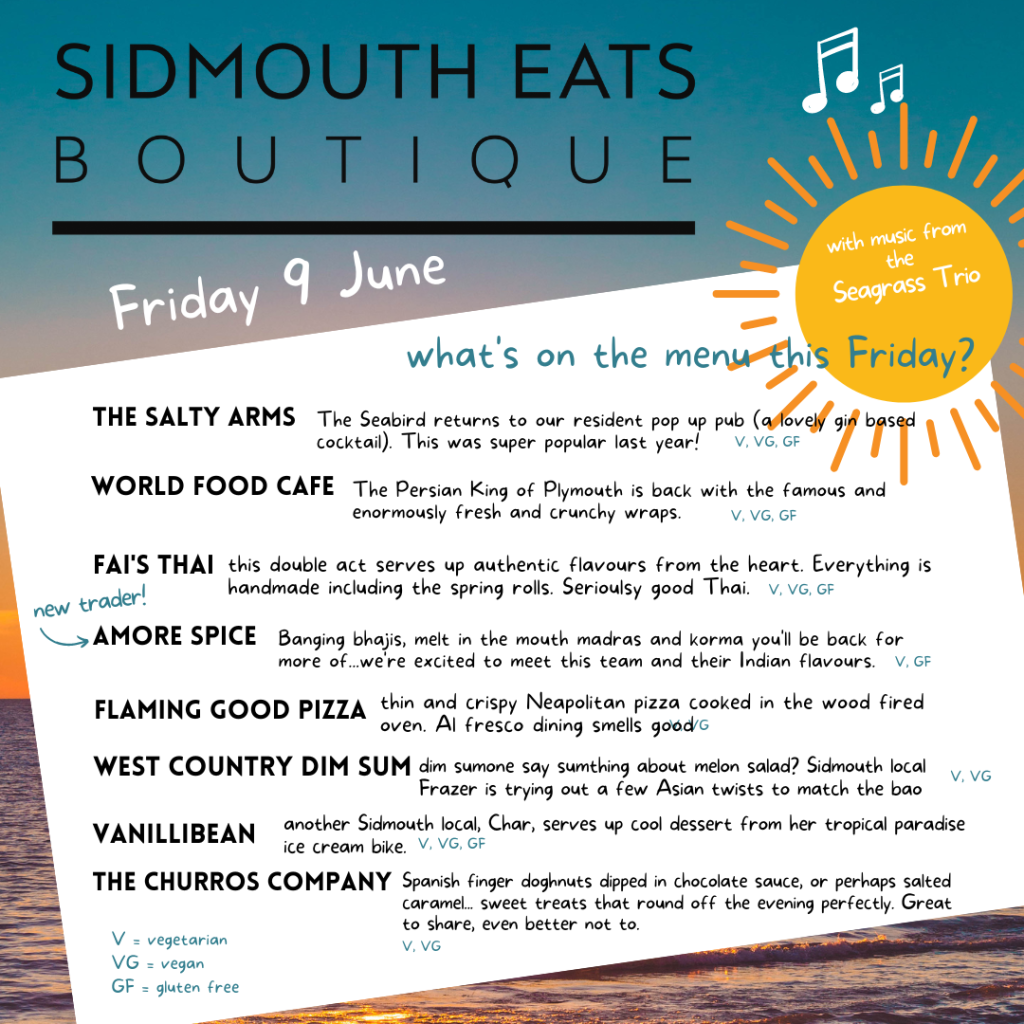 Sidmouth Eats June 9 menu includes Persia, Spanish, Indian, Thai, Asian, ice cream and pizza