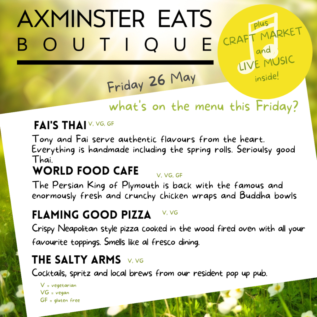 Axminster Eats Boutique street food fair and market event, family friendly, accessible, for the community.