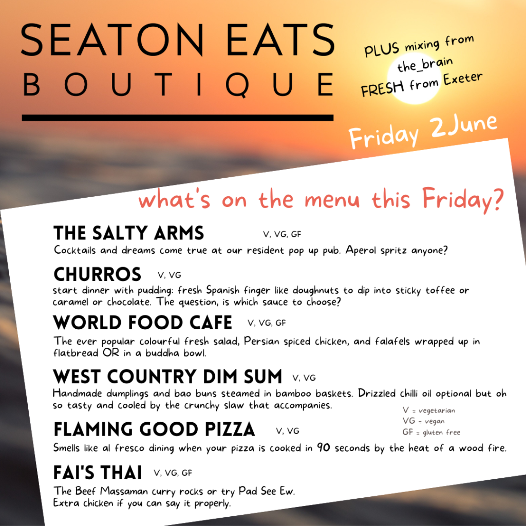 Seaton Eats Boutique food festical evening street food market menu for Friday 2 June. Includes pizza, churros, Thai, Persian and cocktails
