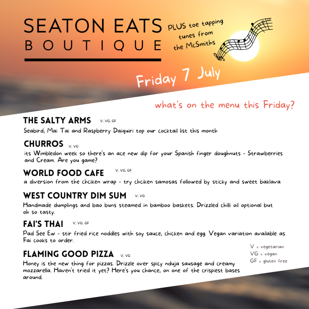 menu for Seaton Eats Boutique 7 July 2023 includes Churros, Persian chicken wrap and samosas and baklava, dim sum and bar buns, Thai curries and noodles, Neapolitan pizza and cocktails.