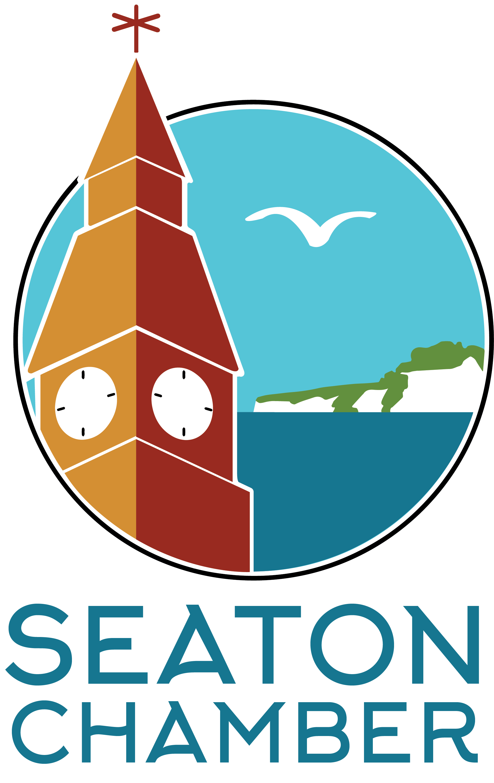 the Seaton Chamber logo shows the white chalk cliffs, red sandstone and blue Iias rock that make up the Jurassic coast. Only in Seaton can all 3 rock types be seen together. The logo exemplifies hit s in its colours, and represents Seaton Devon's independent businesses and community.