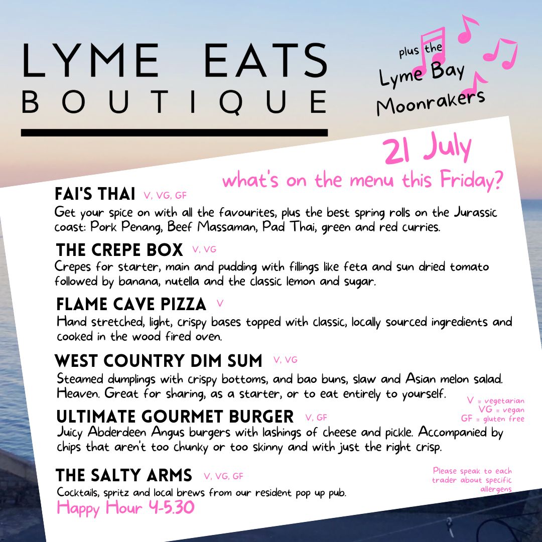 Lyme Eats street food market menu for 21 July includes Thai, pizza, burgers, crepes and dim sum.