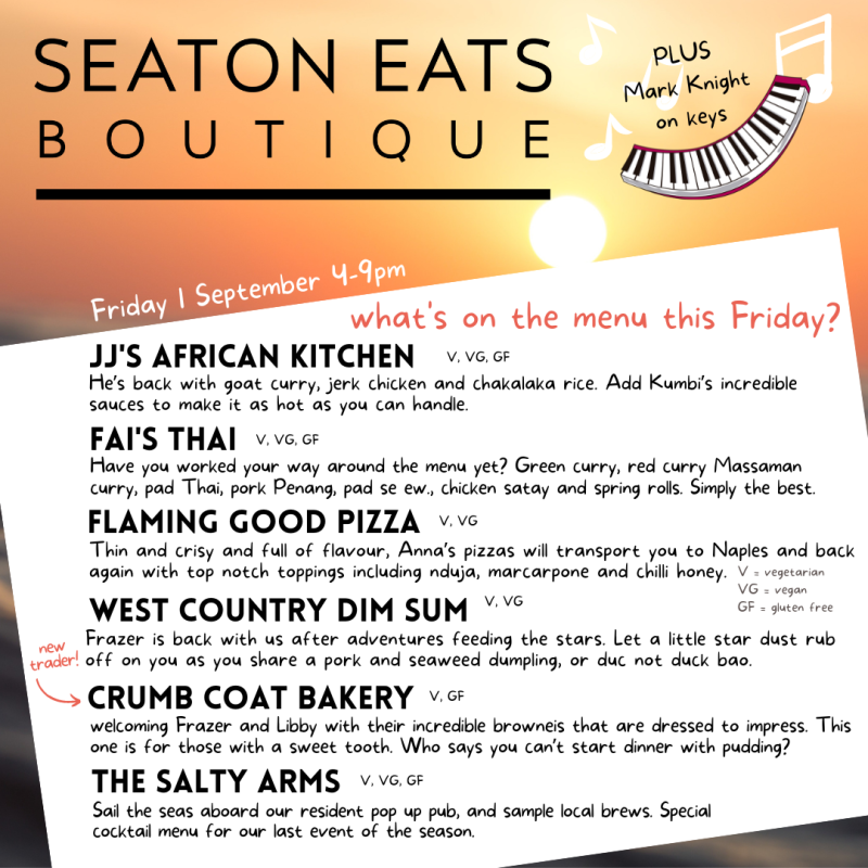Seaton Eats food festival menu for 1 September 2023 includes a bakery, Thai, dumplings, pizza, African and cocktails.