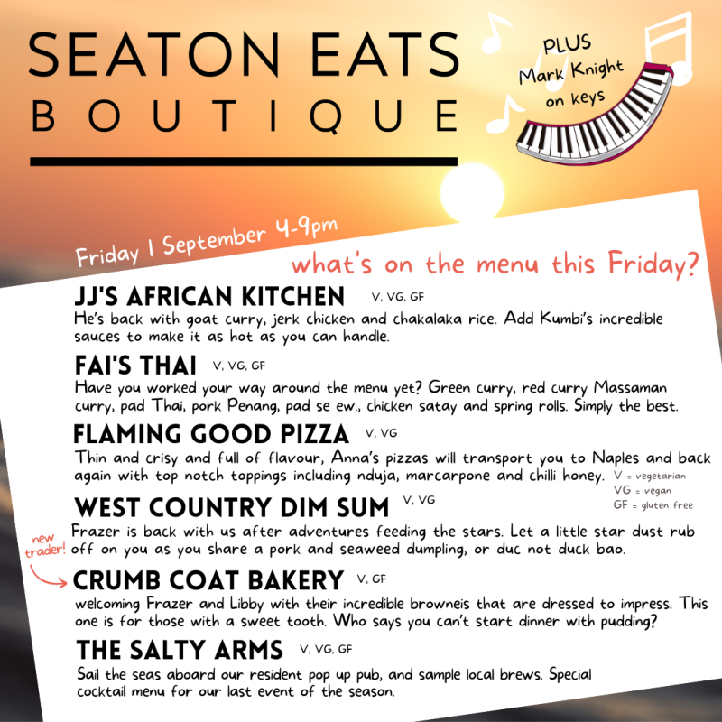 Seaton Eats menu 1:9 Seaton Eats food festival menu for 1 September 2023 includes a bakery, Thai, dumplings, pizza, African and cocktails.