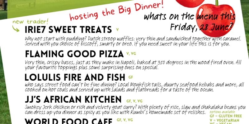 Axminster Big Dinner Cherry Fayre 2024 menu includeds pizza, bbq fish, stroop waffles, Thai, Persian chicken wraps and African flavours.