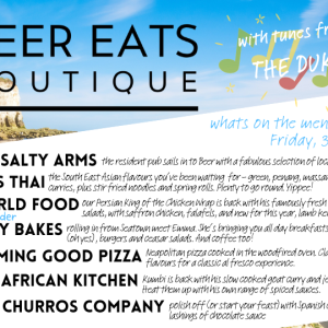 Menu for Beer Eats Botique 3 May 2024 includes Thai curry, Pizza, Persian wraps, spanish Churros, British all day Breakfasts, African kitchen, and local beverages from The Salty Arms