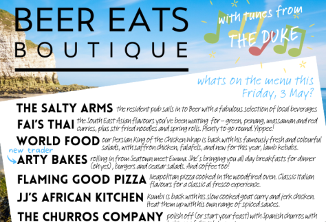 Menu for Beer Eats Botique 3 May 2024 includes Thai curry, Pizza, Persian wraps, spanish Churros, British all day Breakfasts, African kitchen, and local beverages from The Salty Arms