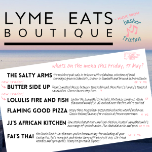 menu for street food market event festival Lyme Regis includes pizza, Thai, bbq fish, toasted sandwiches, Caribbean and local pop up mobile bar
